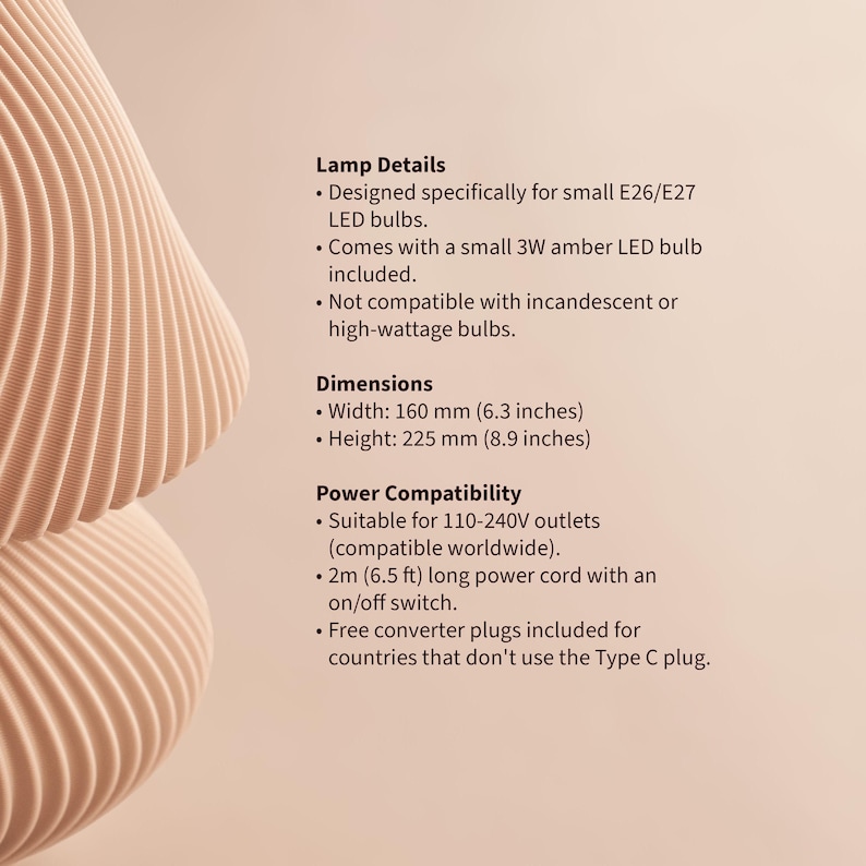 DUNE Lamp size. Dimensions: Width 160 mm (6.3 inches), Height 225 mm (8.9 inches). A compact, nature-inspired, sustainable lamp ideal for cozy home decor in a reading nook or bedroom.