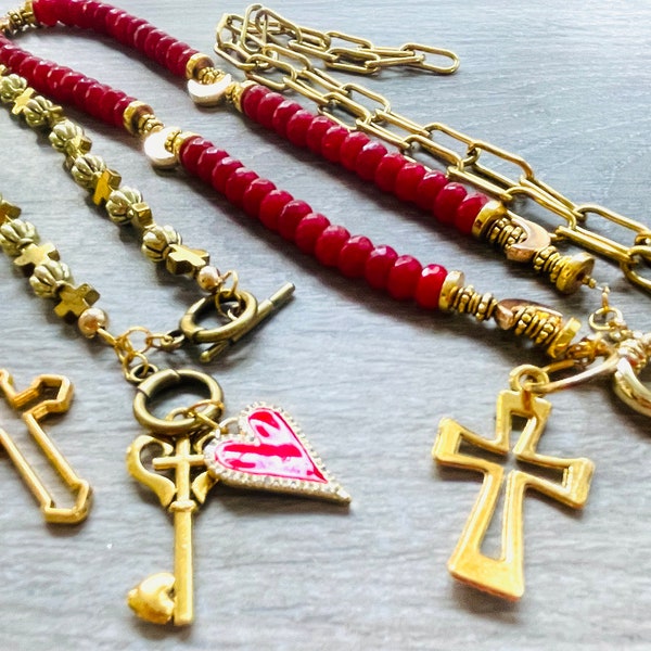 RED CORAL!! Stackable necklaces layered with Cross Gold chain, Evil Eye necklace, Horseshoe cabachon/Boho Chic Celebrity Fashion Trends