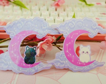 Celestial Moon Cat Sticker – Waterproof Glossy or Holographic