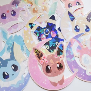 HOLOGRAPHISCHE Set von 9 Eeveeluton Chibi Pokemon Wetterfeste Vinyl-Aufkleber, 3 "Eeveeluton Pokemon Aufkleber