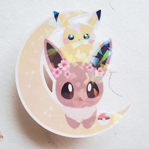 Chibi Eevee and Pikachu 3 x 3.2 Weatherproof Vinyl Decal Sticker, Anime Bunny Fairy Evolution Sticker, Pikachu and Eevee Vinyl Sticker