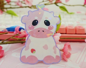 Kawaii Strawberry Cow Sticker, Weatherproof Vinyl Decal
