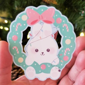 Kawaii Christmas Wreath 3&quot; Vinyl Sticker, waterbottle , Laptop Decal, Waterproof