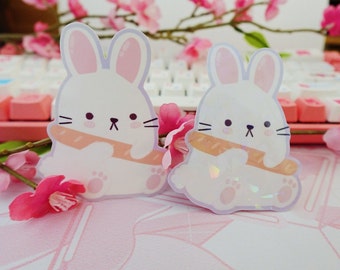 Bunny with Bread Loaf Sticker - Holographic Kawaii Rabbit Decal