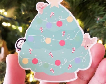 Kawaii Christmas Tree 3" Vinyl Sticker, waterbottle , Laptop Decal, Waterproof