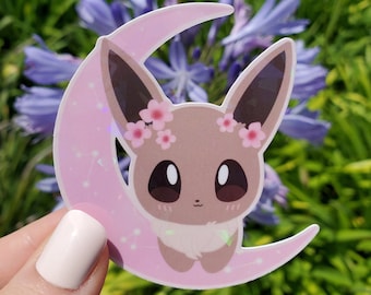 Sakura Eevee Holographic Sticker, Chibi Moon Laptop Decal