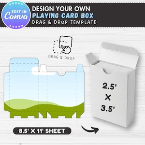 May include: A white playing card box template with dimensions of 2.5 x 3.5 inches, and a flat design for an 8.5 x 11 inch sheet. The design includes a drag and drop feature, with the text "Design Your Own Playing Card Box".