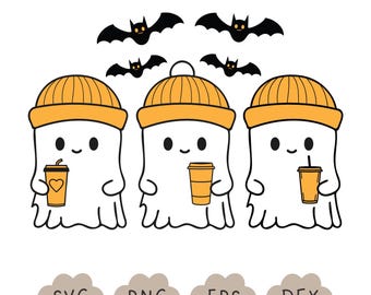 Halloween Ghost Svg, Cute Ghost PNG, Halloween Svg, Halloween Shirt, Halloween Design, Ghost Drinking Coffee, Sublimation Design, Spooky SVG
