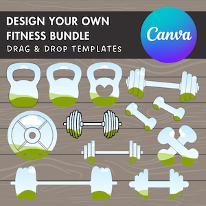 Op de afbeelding: Een set fitnessapparatuur sjablonen met een kettlebell, dumbbells en een gewichtsplaat. De sjablonen zijn ontworpen met een natuur scène erin, met een groen veld, blauwe lucht en witte wolken. De tekst "Design Your Own Fitness Bundle" en "Drag & Drop Templates" staat bovenaan de afbeelding. De tekst "Canva" staat in een paarse en blauwe cirkel rechtsboven in de afbeelding.
