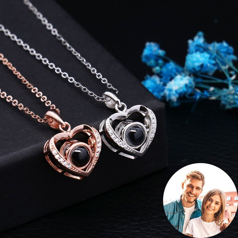 Personalized Photo Necklace, Picture Projection Necklace, Connected Hearts Pendant, Christmas Gift, Mother's Day Gift, Anniversary Gift