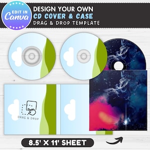 May include: A design template for CD covers and cases. The design includes two CDs with a light blue and green design, a CD case with a drag and drop icon, and a CD with a colorful nebula design. The text reads "DESIGN YOUR OWN CD COVER & CASE". The sheet size is 8.5 x 11 inches.