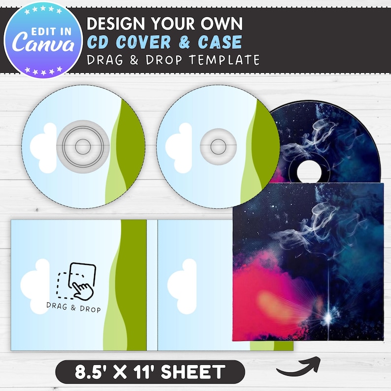 May include: A design template for CD covers and cases. The design includes two CDs with a light blue and green design, a CD case with a drag and drop icon, and a CD with a colorful nebula design. The text reads "DESIGN YOUR OWN CD COVER & CASE". The sheet size is 8.5 x 11 inches.