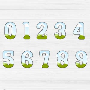 May include: A set of ten number graphics, zero through nine. Each number is outlined in black and filled with a sky and grass scene. The numbers are displayed on a white wood-grain background.