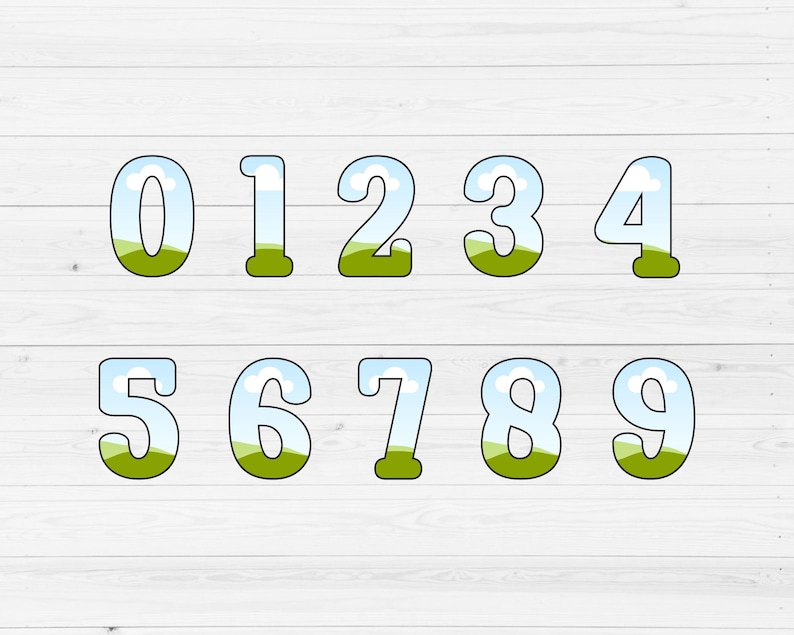 May include: A set of ten number graphics, zero through nine. Each number is outlined in black and filled with a sky and grass scene. The numbers are displayed on a white wood-grain background.
