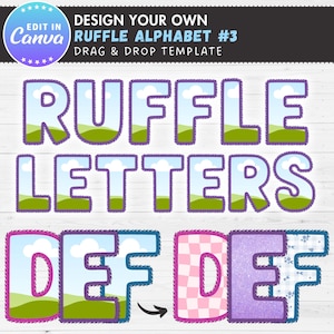 May include: A digital design template featuring the words "RUFFLE LETTERS" in a whimsical font. The letters are filled with sky and landscape imagery, outlined in purple, and have a textured appearance. The bottom row shows the letters "DEF" with different patterns.