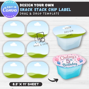 May include: A template for snack stack chip labels, with a design-your-own option. The image shows several label templates with a drag-and-drop feature, a sample label with the text "Your Design Here", and a birthday label. The sheet size is 21.59 cm x 27.94 cm.
