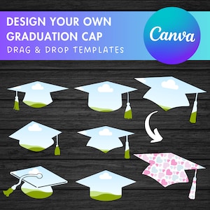 May include: Eight graduation cap templates for Canva. The caps are white with a blue sky and green grass inside. One cap has a pink and white heart pattern.