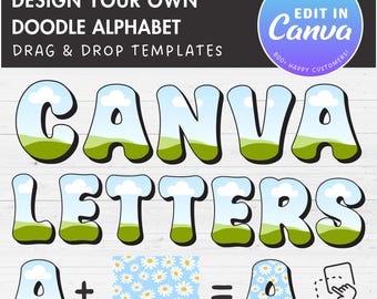 Double Alphabet Canva Template, Doodle Letters Canva Frames, Drag and Drop,, Editable Letters & Numbers PNG, Sublimation Design