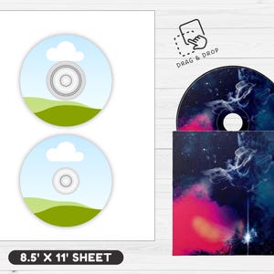 May include: Two CDs with a landscape design of a blue sky, white cloud, and green hills. The CD case features a cosmic design with pink, blue, and white colors. The text "DRAG & DROP" is visible. The sheet size is 8.5" x 11".