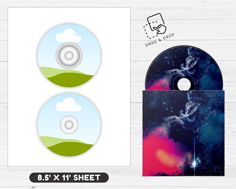 May include: Two CDs with a landscape design of a blue sky, white cloud, and green hills. The CD case features a cosmic design with pink, blue, and white colors. The text "DRAG & DROP" is visible. The sheet size is 8.5" x 11".