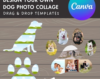 Diseña tu propio collage de fotos de perros en Canva, plantilla de collage editable de Canva, arrastra y suelta fotos, marcos de perros en Canva, collage de patas DIY, animales