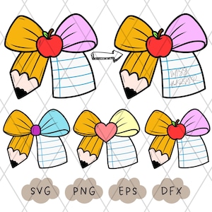 May include: A collection of school-themed graphics featuring pencil and bow designs. Each design includes a yellow pencil, a pink or blue bow, and a red apple. Some designs include lined paper and the text "Miss Harper".