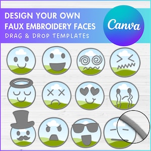 Designa dina egna falska broderiansikten, digitala stygn med känslomässiga ansikten, applikationer med roliga ansikten, Canva-ramar, ansiktslappar, dra och släpp PNG