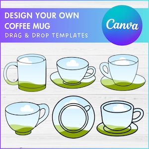 Puede incluir: Seis diseños diferentes para una taza de café con una escena de paisaje en su interior. Las tazas son todas blancas con un contorno negro y una colina verde cubierta de hierba en la parte inferior. El cielo es azul con una nube blanca. El texto "Canva" está en la esquina superior derecha de la imagen.