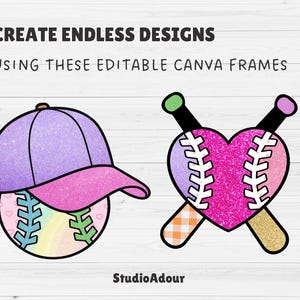 K&ouml;nnte beinhalten: Digitale Illustration einer Baseballkappe und eines herzf&ouml;rmigen Baseballs mit gekreuzten Schl&auml;gern. Die Kappe ist lila und rosa, und der Baseball hat ein Regenbogen-Design. Der Text lautet "CREATE ENDLESS DESIGNS" und "USING THESE EDITABLE CANVA FRAMES".