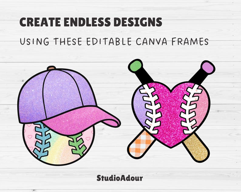 K&ouml;nnte beinhalten: Digitale Illustration einer Baseballkappe und eines herzf&ouml;rmigen Baseballs mit gekreuzten Schl&auml;gern. Die Kappe ist lila und rosa, und der Baseball hat ein Regenbogen-Design. Der Text lautet "CREATE ENDLESS DESIGNS" und "USING THESE EDITABLE CANVA FRAMES".