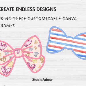 K&ouml;nnte beinhalten: Zwei Fliegen-Designs. Eines ist rosa mit Herzmustern und einem rosa Umriss. Das andere ist blau mit rot-wei&szlig;en Streifen und einem blauen Umriss. Der Text lautet: "ERSTELLEN SIE ENDLOSE DESIGNS MIT DIESEN ANPASSBAREN CANVA-RAHMEN." Das StudioAdour-Logo befindet sich unten.