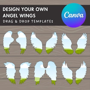 Peut inclure: Six modèles différents d'ailes d'ange avec un paysage de ciel et d'herbe à l'intérieur. Les ailes sont soulignées en noir et ont un schéma de couleurs blanc, bleu et vert. Le texte "Design Your Own Angel Wings" et "Drag & Drop Templates" est en haut de l'image. Le texte "Canva" est dans un cercle violet et bleu en haut à droite de l'image.