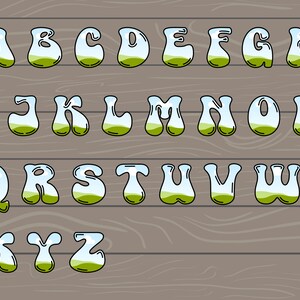 May include: A colourful alphabet with each letter filled with a landscape scene of green grass, blue sky, and white clouds.