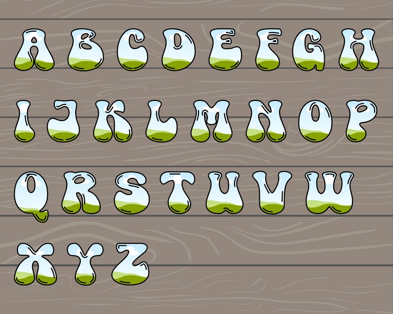 May include: A colourful alphabet with each letter filled with a landscape scene of green grass, blue sky, and white clouds.