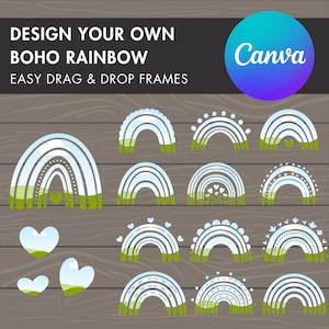 Progetta il tuo arcobaleno boho su Canva, modello Canva arcobaleno, arcobaleno modificabile, trascina e rilascia foto, baby shower, simpatici design arcobaleno