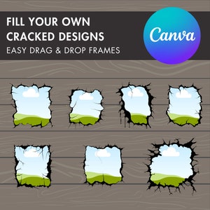 Progetta i tuoi bordi screpolati, pacchetto cornici Canva, modello Canva rotto, trascina e rilascia, cornici Canva strappate modificabili, cornici screpolate Canva