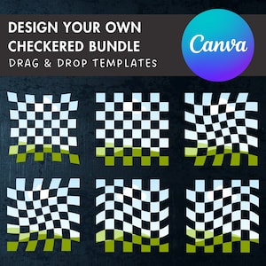 May include: Six different checkered patterns with a blue and white checkered design and a green grassy bottom. The text "Design Your Own Checkered Bundle" and "Drag & Drop Templates" is at the top of the image. The Canva logo is in the top right corner.