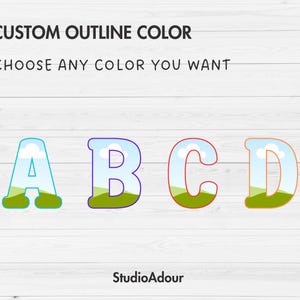 May include: Colorful letters A, B, C, and D with custom outline colors. Each letter features a sky and landscape design. The text "CUSTOM OUTLINE COLOR" and "CHOOSE ANY COLOR YOU WANT" is displayed above the letters.