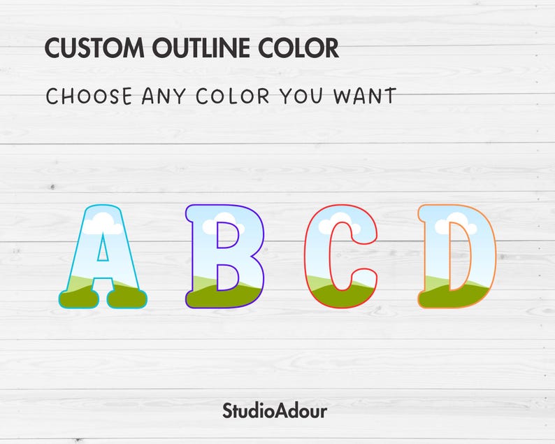 May include: Colorful letters A, B, C, and D with custom outline colors. Each letter features a sky and landscape design. The text "CUSTOM OUTLINE COLOR" and "CHOOSE ANY COLOR YOU WANT" is displayed above the letters.