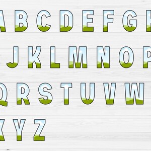 May include: A colorful alphabet with each letter featuring a blue sky, white clouds, and green grass. The letters are outlined in black and have a white background.