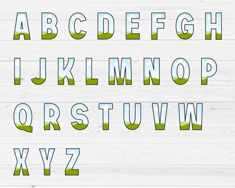 May include: A colorful alphabet with each letter featuring a blue sky, white clouds, and green grass. The letters are outlined in black and have a white background.