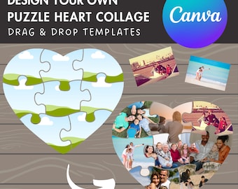 Design Your Own Puzzle Heart Photo Collage in Canva, DIY Photo Collage, Drag and Drop Photo, Editable Canva Collage Template, Heart Collage
