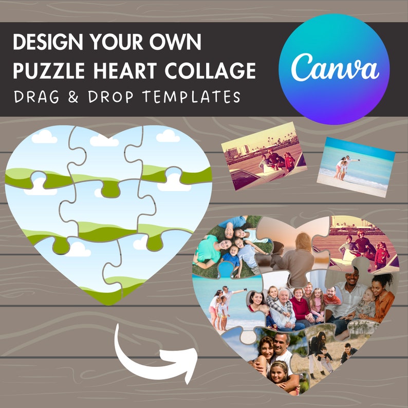 May include: A Canva design template for a puzzle heart collage. The template features a heart-shaped puzzle with 10 pieces. Each piece can be customised with a photo. The text "DESIGN YOUR OWN PUZZLE HEART COLLAGE DRAG & DROP TEMPLATES" is displayed at the top of the image.