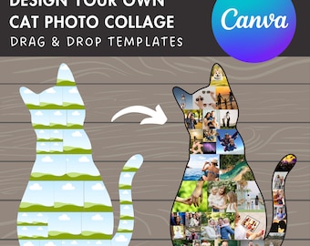 Diseña tu propio collage de fotos de gatos en Canva, paquete de marcos de Canva, arrastra y suelta fotos, collage de imágenes DIY, plantilla de collage editable en Canva.