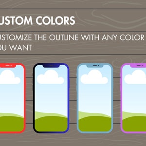 Pode incluir: Quatro maquetes de smartphones com contornos de cores diferentes, cada uma exibindo uma cena de paisagem simples com uma nuvem branca em um c&eacute;u azul e uma colina verde. O texto "CUSTOM COLORS" e "CUSTOMIZE THE OUTLINE WITH ANY COLOR YOU WANT" &eacute; exibido acima das maquetes.
