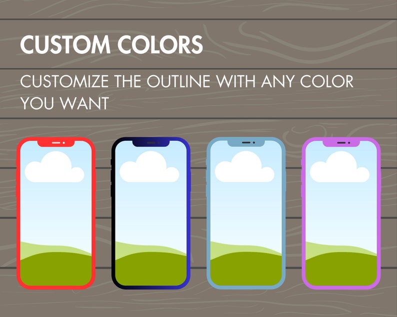 Pode incluir: Quatro maquetes de smartphones com contornos de cores diferentes, cada uma exibindo uma cena de paisagem simples com uma nuvem branca em um c&eacute;u azul e uma colina verde. O texto "CUSTOM COLORS" e "CUSTOMIZE THE OUTLINE WITH ANY COLOR YOU WANT" &eacute; exibido acima das maquetes.