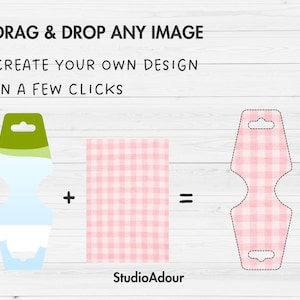 May include: An illustration showing the process of creating a design. The text reads "DRAG & DROP ANY IMAGE, CREATE YOUR OWN DESIGN IN A FEW CLICKS." The design elements include a blue and green shape, a pink gingham rectangle, and a pink gingham tag.