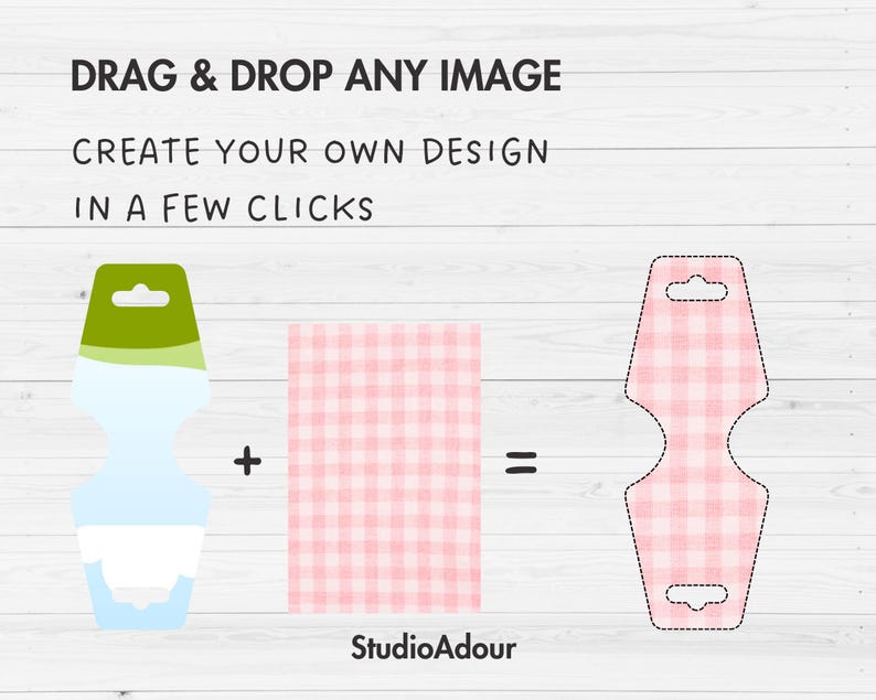 May include: An illustration showing the process of creating a design. The text reads "DRAG & DROP ANY IMAGE, CREATE YOUR OWN DESIGN IN A FEW CLICKS." The design elements include a blue and green shape, a pink gingham rectangle, and a pink gingham tag.