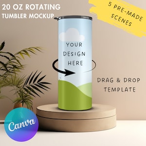 20oz Rotating Skinny Tumbler Canva Mockup, Editable  Animated Skinny Tumbler Canva Template, Easy Drag and Drop Photo, Full Wrap Tumbler