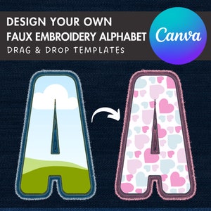 Letras e números com ponto digital, apliques de alfabeto com bordado falso, foto com arrastar e soltar, moldura de letras faça você mesmo para Canva, letras duotônicas para Canva
